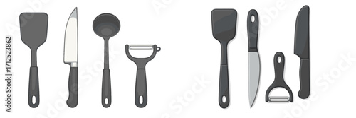 Modern kitchenware collection with spatulas, sharp knives, a ladle, and a vegetable peeler for cooking