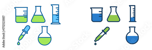 Assortment of laboratory glassware and science experiment tools with colorful liquids for chemistry research and educational purposes