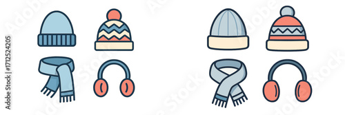 Essential winter clothing accessories set featuring various hats, scarves, and earmuffs for cold weather protection and stylish comfort