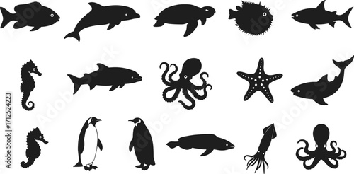 Black silhouette vector illustration of diverse marine animals and seabirds including fish, dolphin, turtle, shark, octopus, penguin, seal, and squid