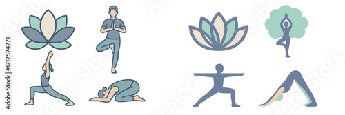 Diverse yoga postures and spiritual lotus flower symbols representing mindfulness, health, and inner peace