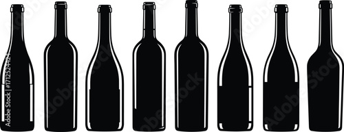 Wine bottle silhouette row, packaging design vector, black and white illustration for beverage branding, product comparison, and container shape classification