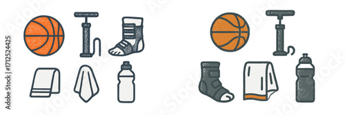 Basketball game equipment and accessories set including ball, pump, ankle support, towel, and water bottle for sports activity