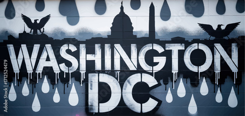 Urban Graffiti Mural of Washington DC Skyline with Capitol, Monuments, Dripping Paint, and Eagles on Transparent Background