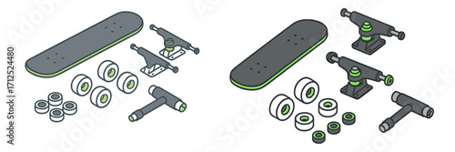 Skateboard deck, trucks, wheels, bearings, and assembly tool set in isometric view with green accents