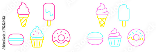 Vibrant neon glowing desserts set featuring ice cream, popsicle, cupcake, donut, and macaron for sweet cravings and treats