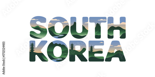South Korea Typography Vector with Scenic Nature Landscape, Mountains, Pagodas, and River, Modern Travel Design on Transparent Background