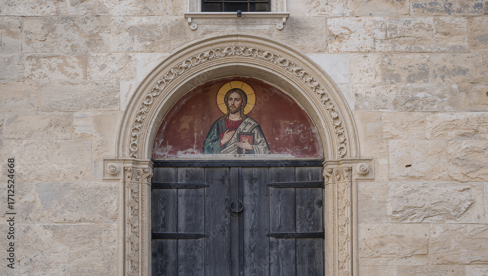 Obraz premium Religious icon above ancient wooden doors of a church.