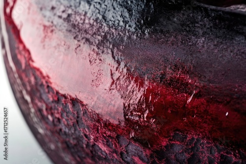 Abstract close-up featuring a textured surface with dark hues blending into vibrant reds, suggesting organic material or artistic creation.