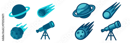 Collection of cosmic objects and stargazing tools featuring planets, comets, meteorites, and telescopes