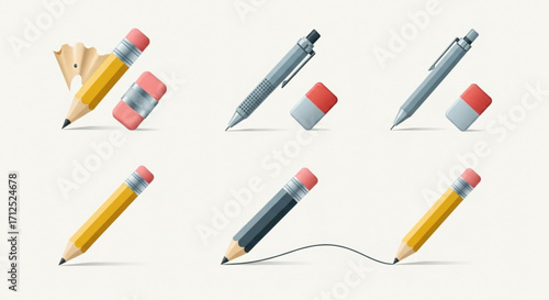 A set of pencils and erasers in various styles, perfect for illustrating writing, education, or design concepts in a clean style