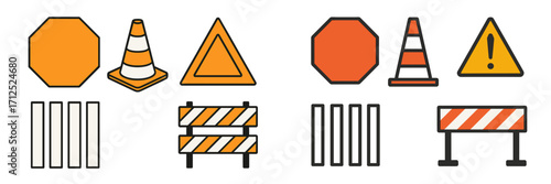Road safety and construction site elements including stop signs, traffic cones, warning triangles, and barriers