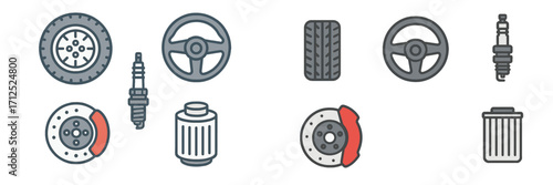 Automotive components and spare parts set including wheels, steering wheels, spark plugs, brake discs, and filters