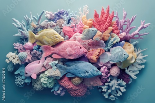 A vibrant underwater scene with colorful coral and fish, showcasing a beautiful marine ecosystem in pastel tones.