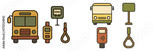 Set of public transportation icons including buses, bus stops, ticket validators, and passenger handles for urban transit design