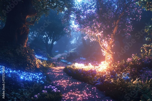 A mystical path winds through an enchanted forest, illuminated by glowing flora, creating a magical and dreamlike atmosphere under the trees.