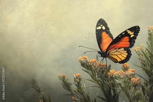 A vibrant monarch butterfly perched delicately on blooming wildflowers against a muted, soft-toned backdrop, showcasing nature's beauty.