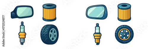 Collection of essential automotive parts including side mirrors, oil filters, spark plugs, and tires for vehicle repair and maintenance