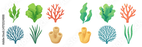 Collection of diverse underwater plants, seaweeds, corals, and sponges in a vibrant ocean ecosystem