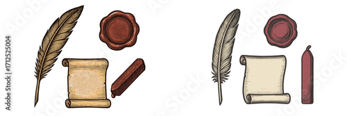 Vintage writing tools set with quill pen, old scroll, wax seal, and sealing wax stick for historical communication