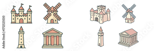 Collection of Historic European Architecture Icons: Medieval Castles, Windmills, Ancient Temples, Tall Towers