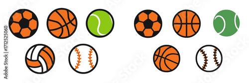 Set of diverse athletic game balls featuring soccer, basketball, tennis, volleyball, and baseball designs