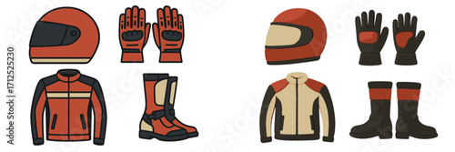 Essential motorcycle rider safety equipment collection featuring helmets, jackets, gloves, and boots for road protection
