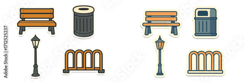 Set of essential park and street furniture elements including benches, trash cans, lampposts, and bicycle racks