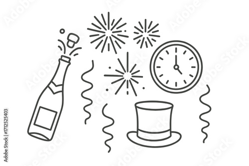 Festive New Year's Eve celebration elements including champagne bottle, bursting fireworks, countdown clock, and elegant top hat