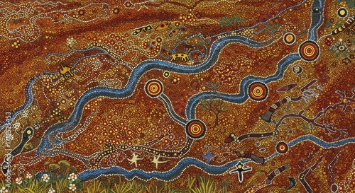 A captivating aboriginal dot painting showcases a detailed landscape with winding rivers and symbolic imagery.