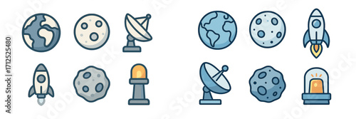 Detailed space exploration elements featuring planets, rockets, and communication dishes for cosmic discovery