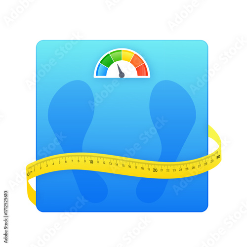 Bathroom scale with measuring tape showing weight control and healthy lifestyle