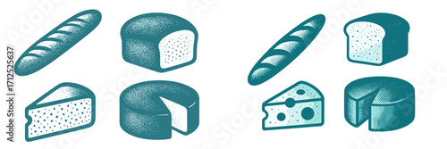 Stylized graphic icons featuring fresh baked bread loaves, baguettes, and gourmet cheese varieties