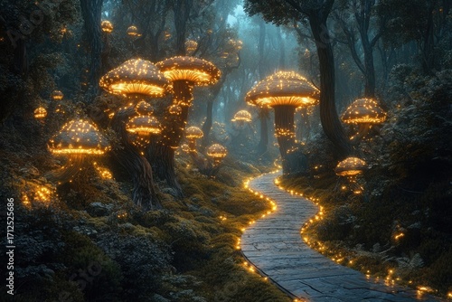 A whimsical forest path is illuminated by glowing mushrooms, creating a magical and enchanting atmosphere.