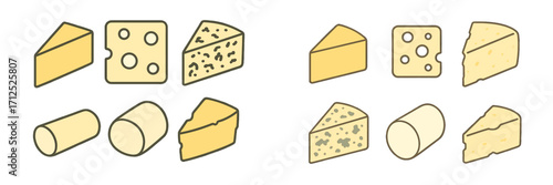 Assortment of various cheese types, including cheddar, Swiss, and blue cheese, presented in different shapes and forms