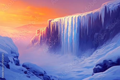 A digital artwork featuring icy cliffs cascading into a snowy valley under a warm, colorful sunset.
