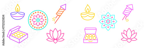 Vibrant Indian Diwali festival celebration elements including diya lamp, rangoli, firecracker, sweets, and lotus