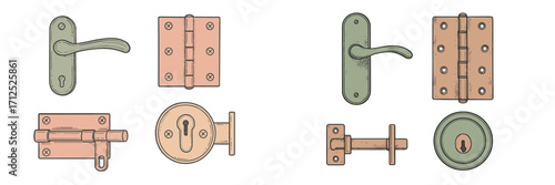 Variety of vintage style door hardware components including handles, hinges, deadbolts, and keyhole escutcheons