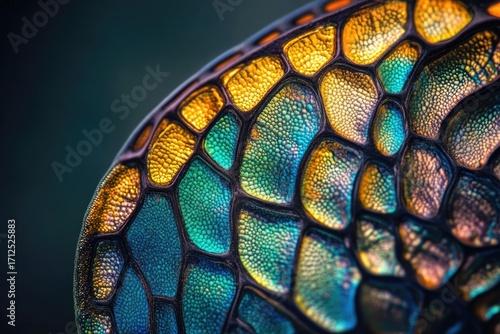 A macro shot reveals vibrant, iridescent scales with intricate texture, showcasing a mesmerizing blend of yellow, green and blue colors.