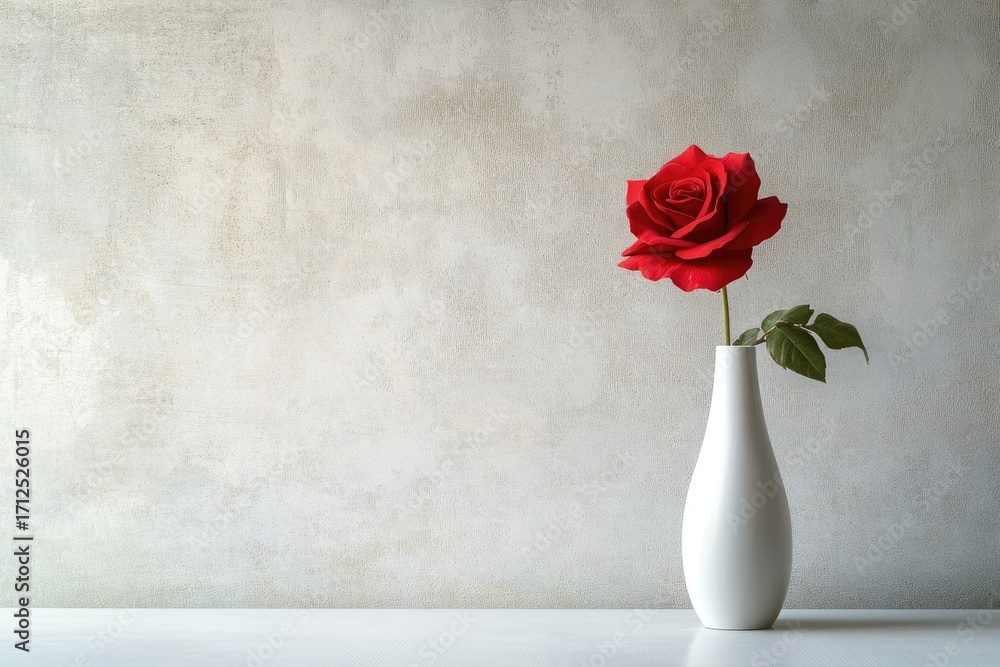 Fototapeta premium A single, vibrant red rose in a white vase stands elegantly against a textured, neutral wall background.