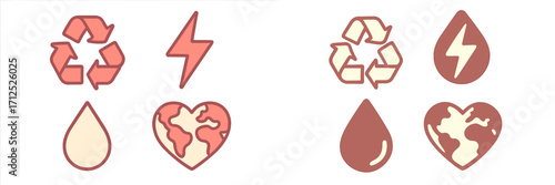 Environmental sustainability icons set with recycling, energy, water, and earth symbols in two color variations