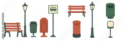 Various urban street furniture items: benches, lampposts, public trash cans, mailboxes, and bus stop signs