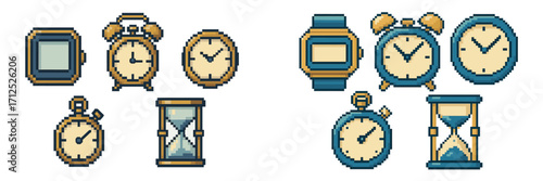 A diverse pixel art collection showcasing various time measurement devices and clocks, featuring smartwatches, alarm clocks, wall clocks, stopwatches, and hourglasses in a retro digital