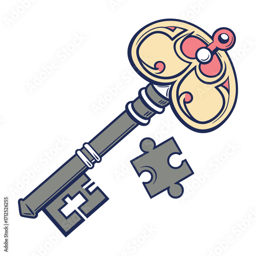 Antique skeleton key and puzzle piece symbolizing solution and mystery unlocked secrets