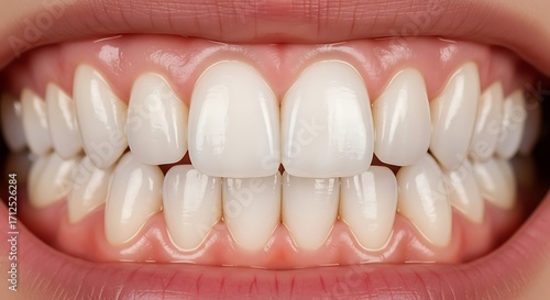 Close-up of a persons teeth showing good dental hygiene.