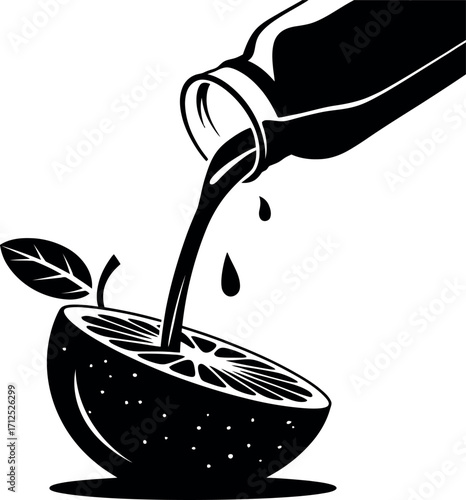 Juice pouring from fresh fruit silhouette graphic