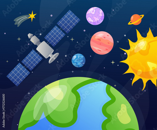 Satellite orbiting Earth, Sun, planets and shooting star in space