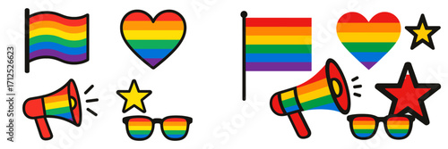 Vibrant collection of pride symbols featuring rainbow flags, hearts, megaphones, sunglasses, and stars representing LGBTQ+ support and celebration