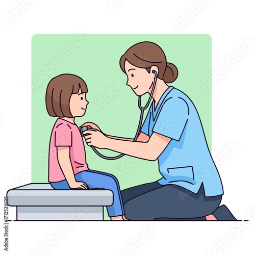 Doctor examining a young girl with a stethoscope during a checkup.