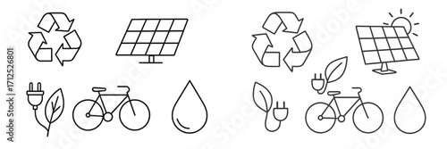 Modern line art icons for environmental sustainability, recycling, green energy, and eco-friendly transportation